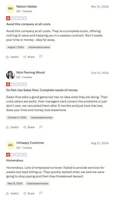 SalesHive Performance Review - Trustpilot 1-star reviews